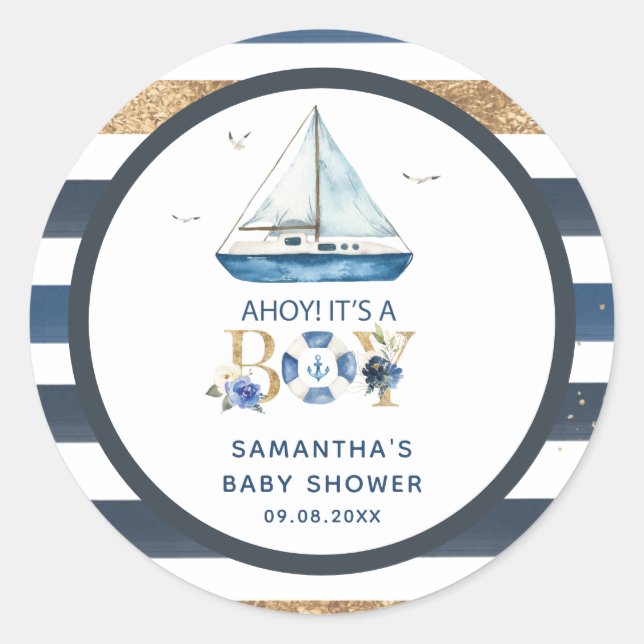 Nautical Blue Boat Ahoy It's a Boy Shower Favor Classic Round Sticker (Front)