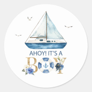 Nautical Blue Boat Ahoy It's a Boy Thank You Favor Classic Round Sticker