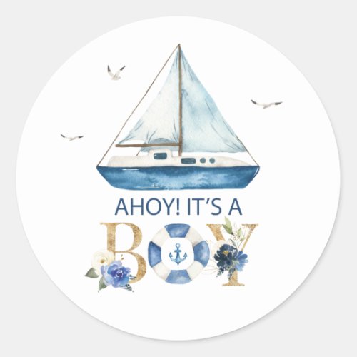 Nautical Blue Boat Ahoy Its a Boy Thank You Favor Classic Round Sticker