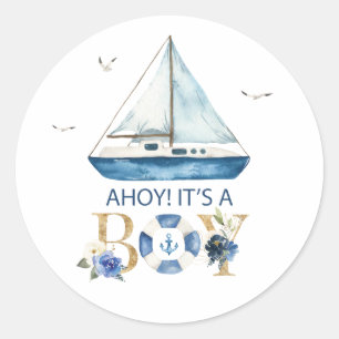 Nautical Blue Boat Ahoy It's a Boy Thank You Favor Classic Round Sticker