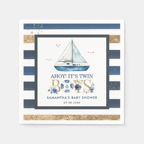 Nautical Blue Boat Ahoy Its Twin Boys Baby Shower Napkins