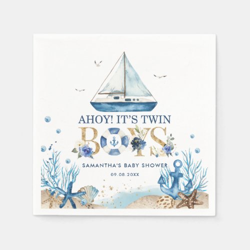 Nautical Blue Boat Ahoy Its Twin Boys Baby Shower Napkins