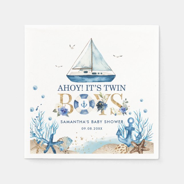 Nautical Blue Boat Ahoy It's Twin Boys Baby Shower Napkins (Front)