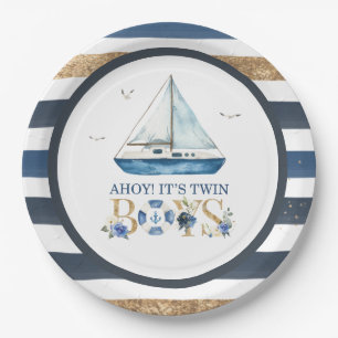 Nautical Blue Boat Ahoy It's Twin Boys Baby Shower Paper Plates