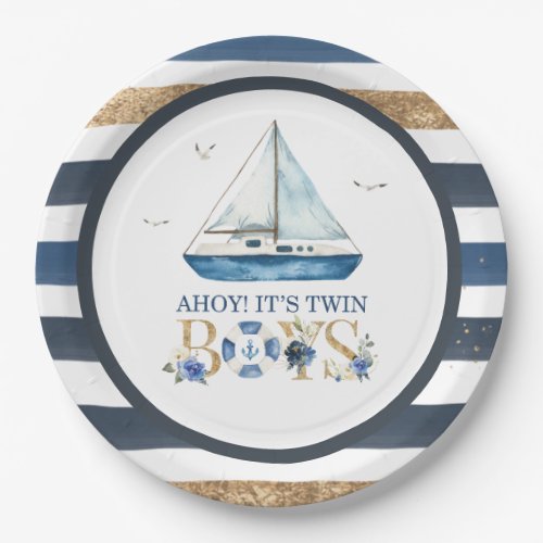 Nautical Blue Boat Ahoy Its Twin Boys Baby Shower Paper Plates