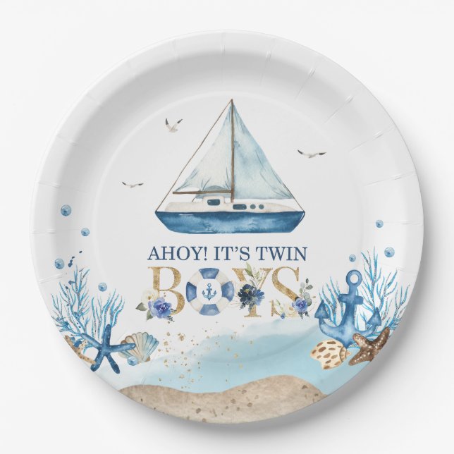 Nautical Blue Boat Ahoy It's Twin Boys Baby Shower Paper Plates (Front)