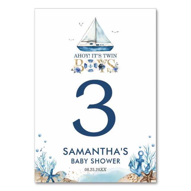 Nautical Blue Boat Ahoy It's Twin Boys Baby Shower Table Number (Front)