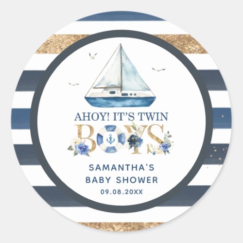 Nautical Blue Boat Ahoy Its Twin Boys Favor Classic Round Sticker