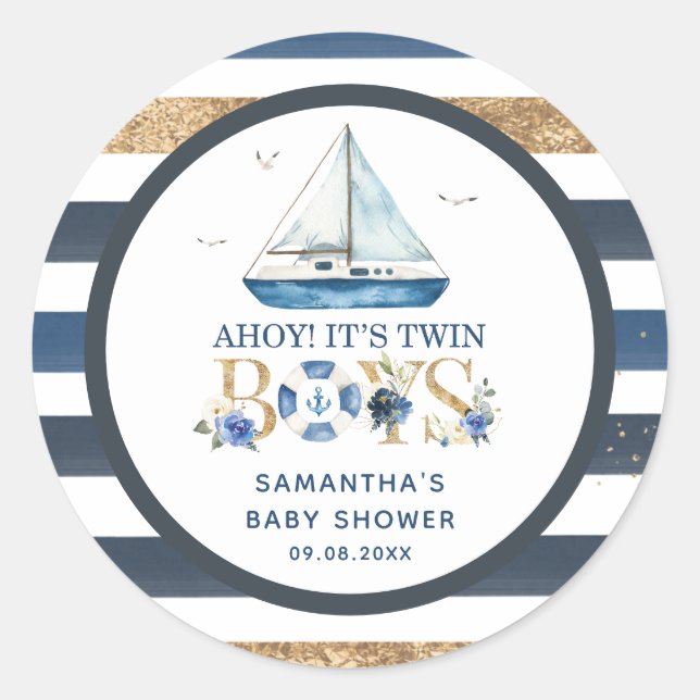 Nautical Blue Boat Ahoy It's Twin Boys Favor Classic Round Sticker (Front)