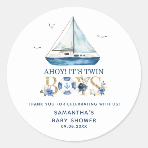 Nautical Blue Boat Ahoy Its Twin Boys Favors Classic Round Sticker