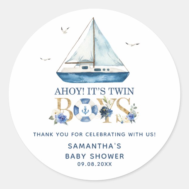 Nautical Blue Boat Ahoy It's Twin Boys Favors Classic Round Sticker (Front)