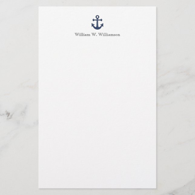 Nautical Blue Boat Anchor Custom Name Stationery (Front)