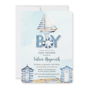 Nautical Blue Boat Beach Huts Boy Baby Shower Invitation