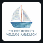 Nautical Blue Boat Boys Personalized School  Square Sticker<br><div class="desc">Cute watercolor blue boat "this book belongs to" stickers.</div>