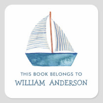Nautical Blue Boat Boys Personalized School  Square Sticker