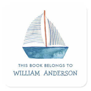 Nautical Blue Boat Boys Personalized School  Square Sticker