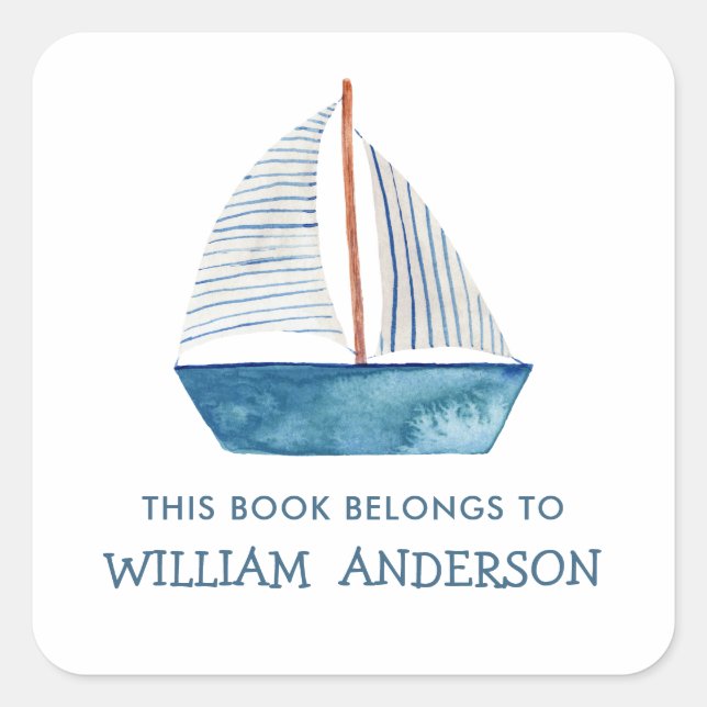 Nautical Blue Boat Boys Personalized School  Square Sticker (Front)
