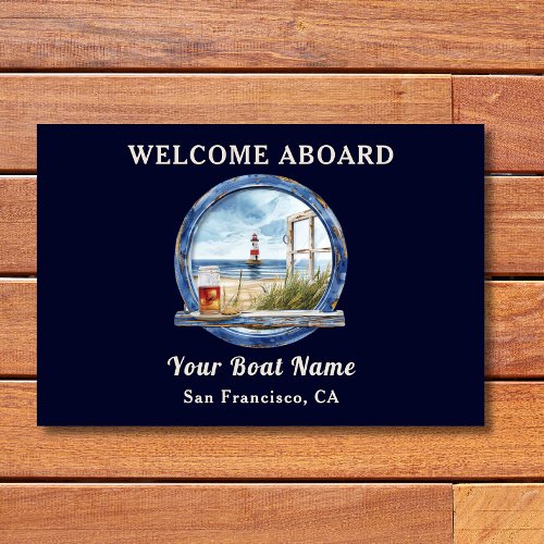 Nautical Blue Boat Name Welcome Aboard  Outdoor Rug