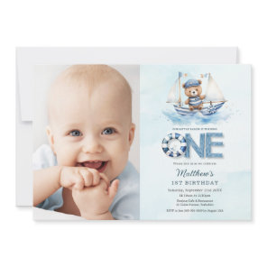 Nautical Blue Boat Teddy Bear 1st Birthday Photo Invitation