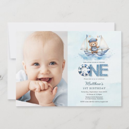 Nautical Blue Boat Teddy Bear 1st Birthday Photo Invitation