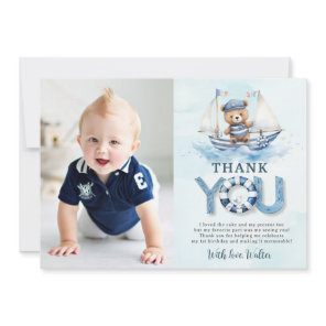 Nautical Blue Boat Teddy Bear Boy Birthday Photo Thank You Card