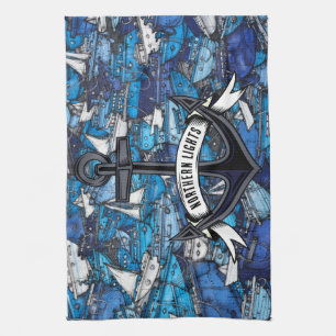 Nautical Blue Boats and Anchor Boat Name Kitchen Towel
