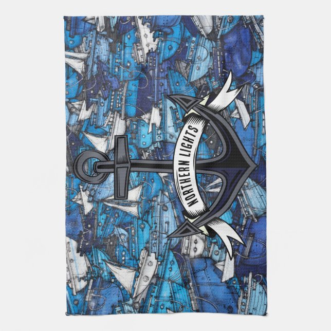 Nautical Blue Boats and Anchor Boat Name Kitchen Towel (Vertical)