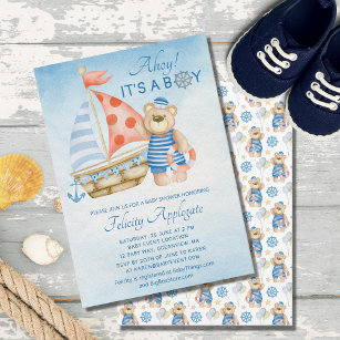 Nautical Blue Boy Teddy Bear Ahoy Baby Shower  Invitation