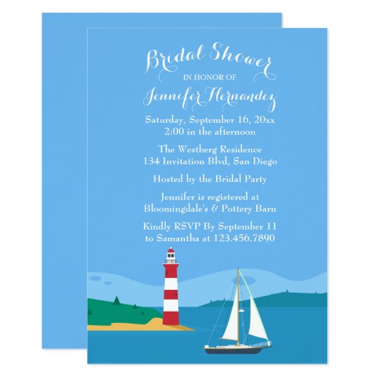 Nautical Blue Bridal Shower Lighthouse & Sailboat Invitation