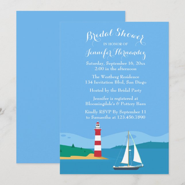 Nautical Blue Bridal Shower Lighthouse & Sailboat Invitation (Front/Back)