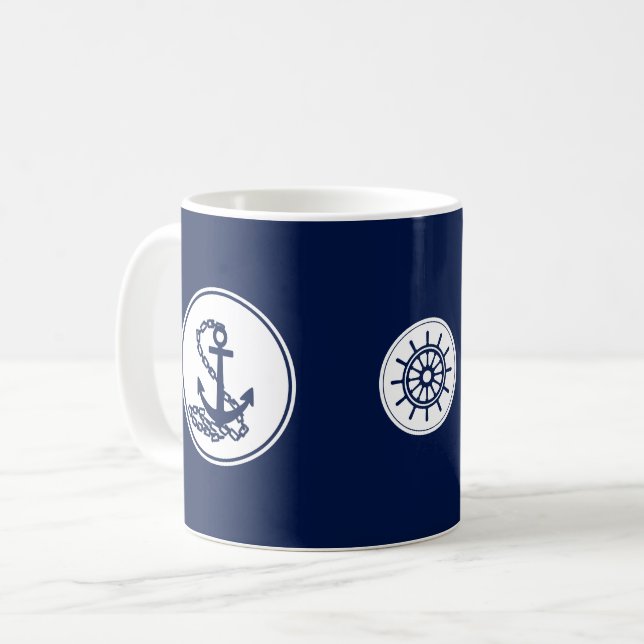Nautical Blue Coffee Mug, Anchor And Ship's Wheel Coffee Mug (Front Left)