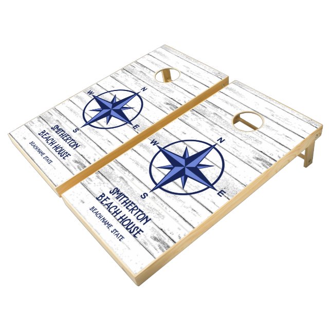 Nautical Blue Compass Family Name White Wood Cornhole Set (Angled)