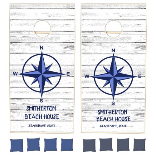 Nautical Blue Compass Rose Family Name White Wood Cornhole Set