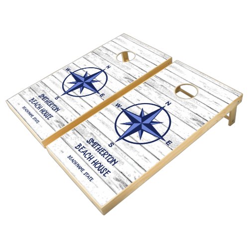 Nautical Blue Compass Rose Family Name White Wood  Cornhole Set