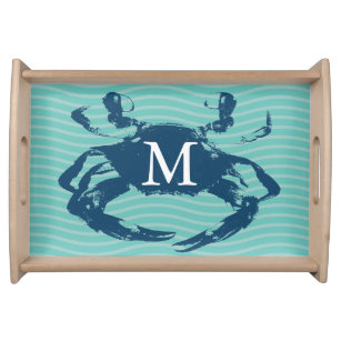 Nautical Blue Crab Sea Waves Personalized Serving Tray
