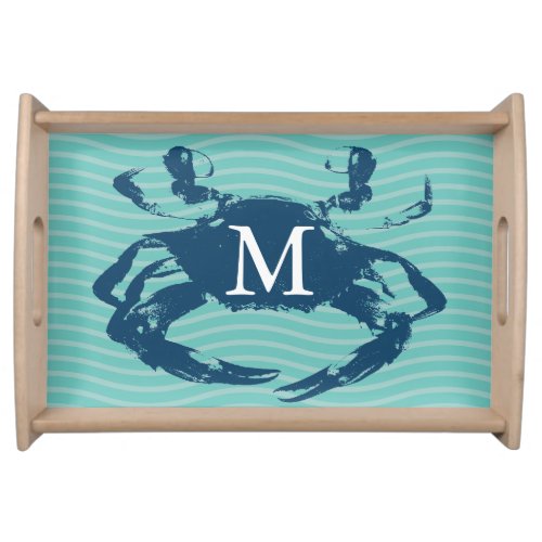 Nautical Blue Crab Sea Waves Personalized Serving Tray