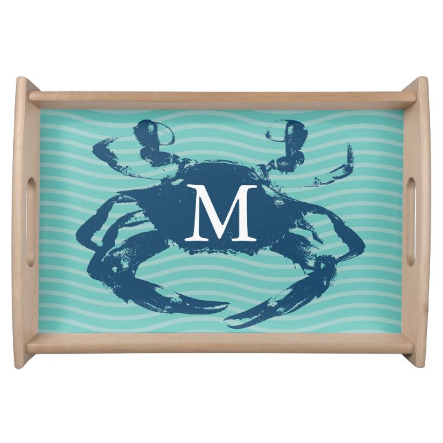 Nautical Blue Crab Sea Waves Personalized Serving Tray (Front)