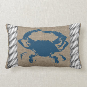 Nautical Blue Crab White Ropes Lumbar Pillow