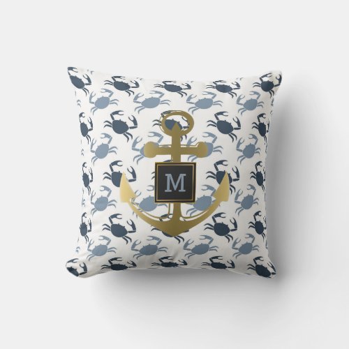 Nautical Blue Crabs Ship Anchor Monogram Outdoor Pillow