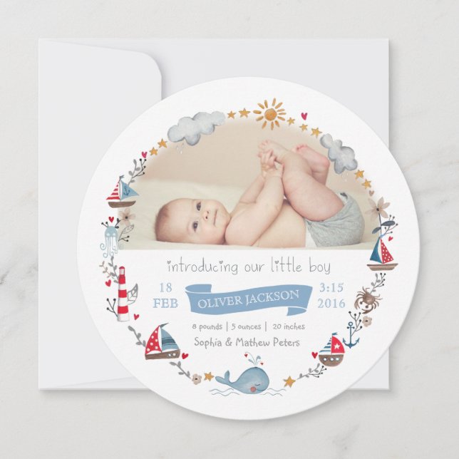 Nautical Blue cute Sailing Wreath Announcement (Front)
