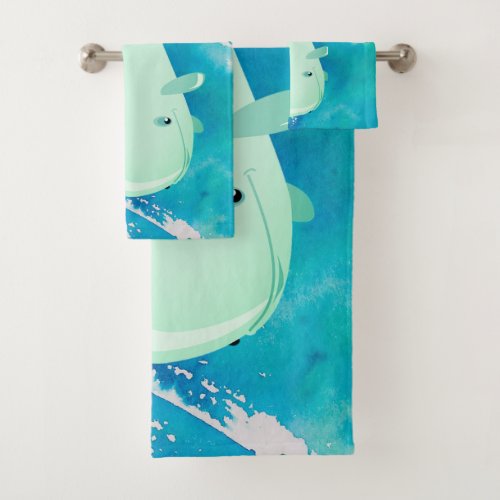 Nautical Blue Cute Whale Watercolor Nursery Bath Towel Set