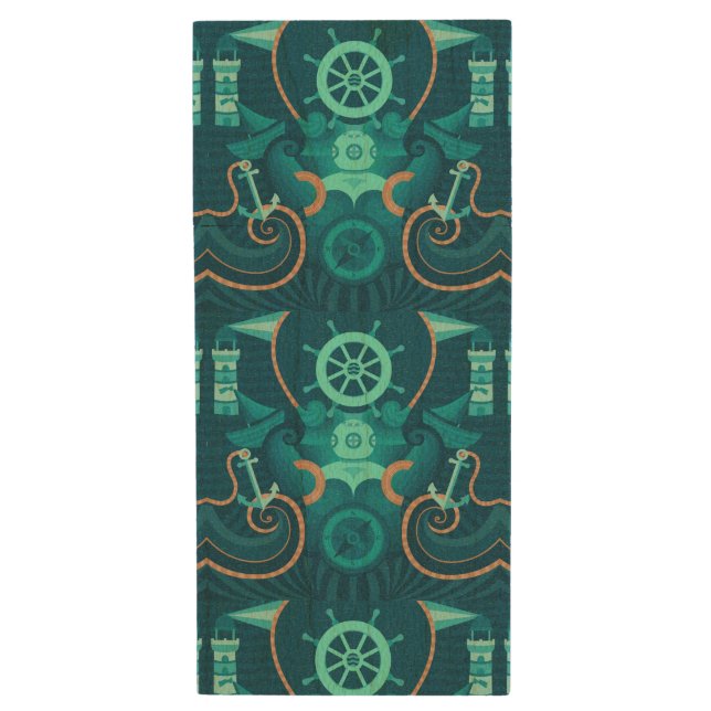 Nautical Blue Design Wood USB Flash Drive (Front Vertical)