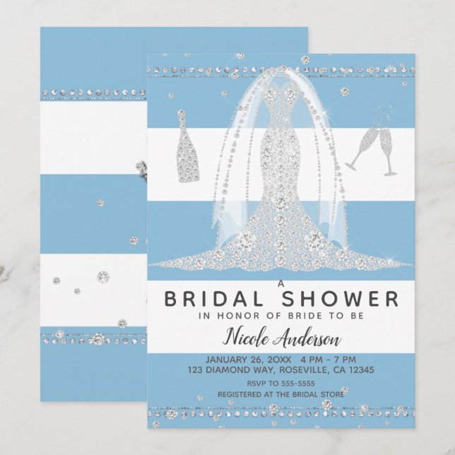 Nautical Blue Diamond Wedding Dress Bridal Shower Invitation (Front/Back)