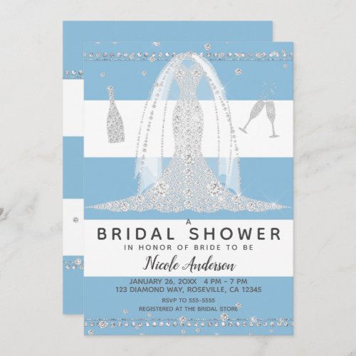 Nautical Blue Diamond Wedding Dress Bridal Shower Invitation