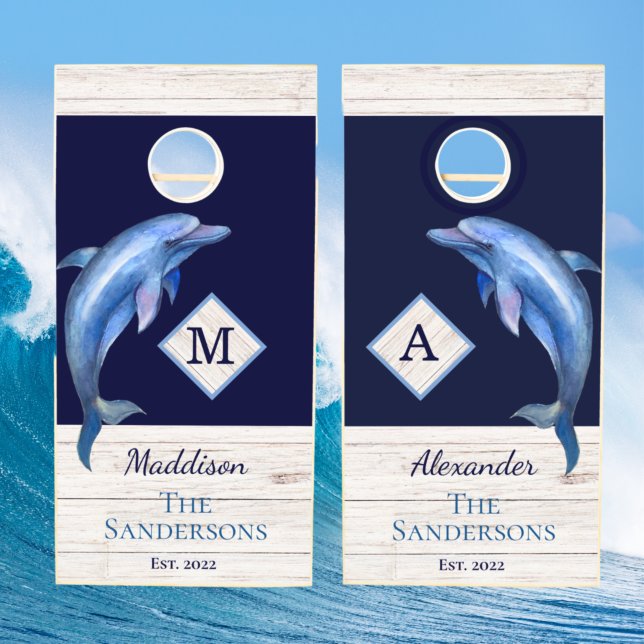  Nautical Blue Dolphin Monogram Rustic Wood Cornhole Set (Creator Uploaded)
