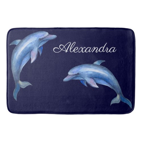 Nautical  Blue Dolphin Watercolor White Wood Name Bath Mat