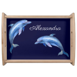 Nautical  Blue Dolphin Watercolor White Wood Name Serving Tray
