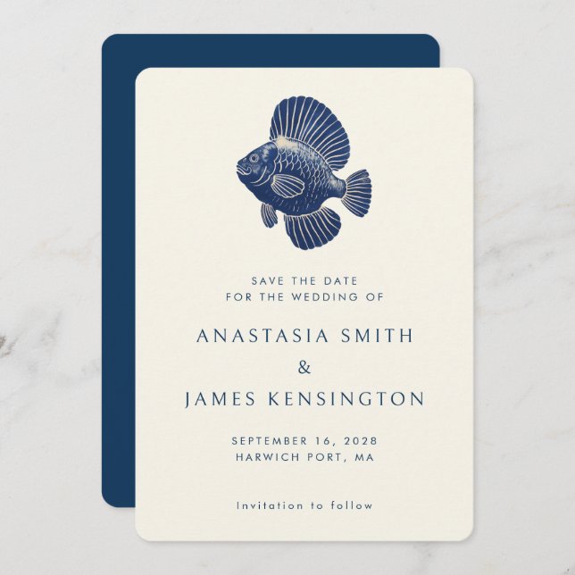 Nautical Blue Fish Stylish Modern Ocean Wedding Invitation (Front/Back)