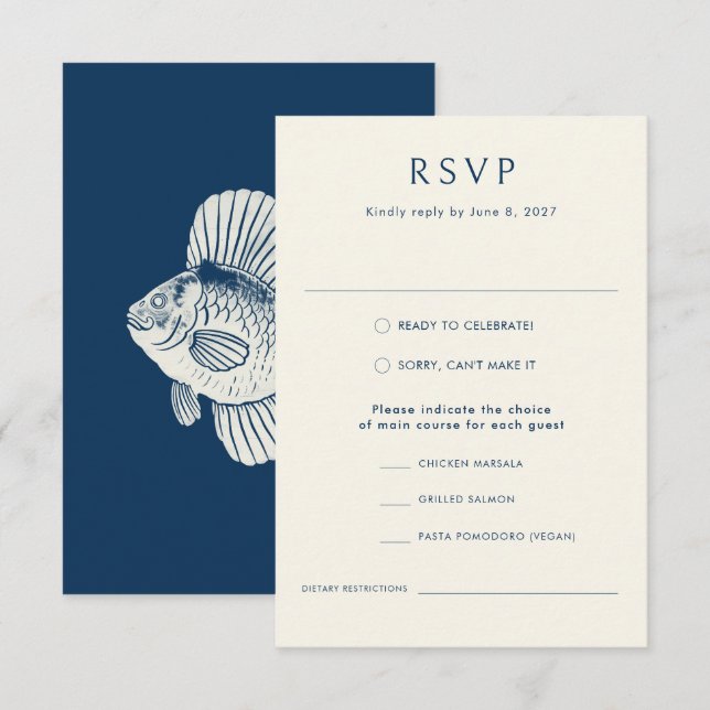 Nautical Blue Fish Stylish Modern Ocean Wedding  RSVP Card (Front/Back)