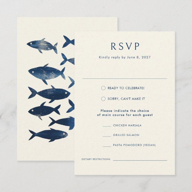 Nautical Blue Fish Stylish Modern Ocean Wedding  RSVP Card (Front/Back)